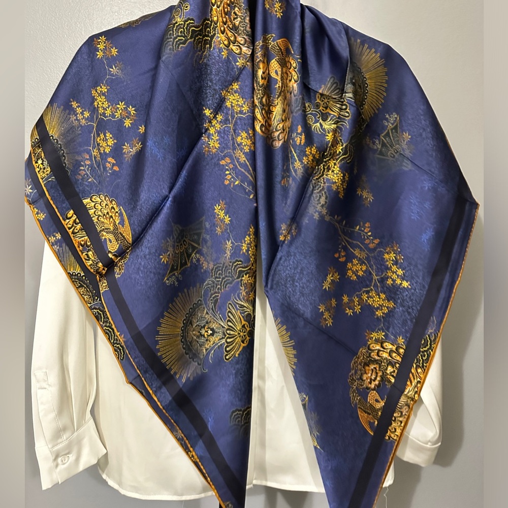 100% Silk Scarf Square Shawl Wrap Hand-rolled gold blue phoenix print